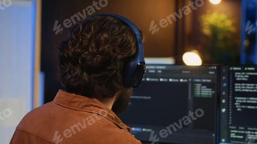 Preview: Developer drinking coffee and listening music while writing code