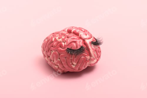 Preview: Creative concept of mental health. Sad human brain on a pink background.