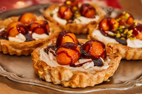 Preview: Summer sweetness, melon and caramel dessert baskets with cream.