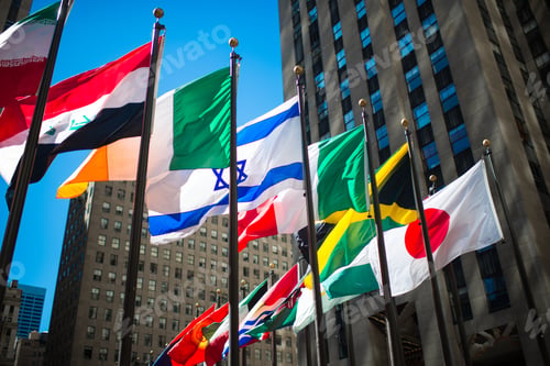 Aperçu: Flags from around the world surrounded by office building and blue sky