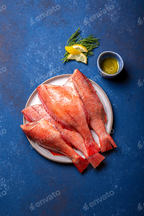 Preview: Fresh red sea bass on blue background.