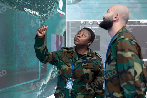 Preview: Male and female engineers talking about a new operation next to a big screen