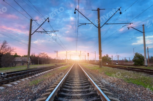 Preview: Railroad and beautiful sky at sunset. Railway