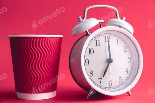 Preview: White stylish alarm clock and paper cup, morning concept.