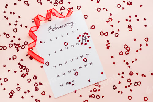 Preview: Small red hearts highlight the date February 14 on a calendar sheet and a red ribbon