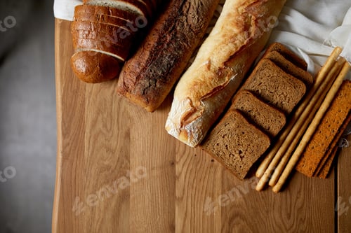 Preview: Top view of various kinds of bread on a wooden surface.