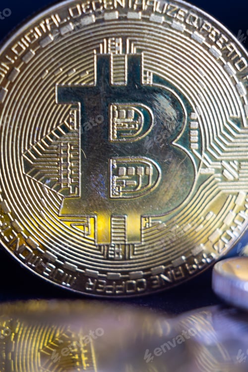 Preview: Vertical closeup of a bitcoin.