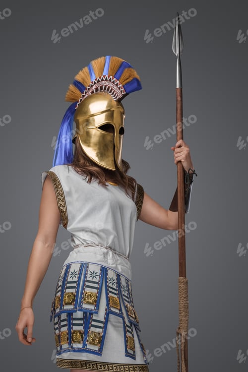 Preview: Elegant female greek warrior with long spear and helmet
