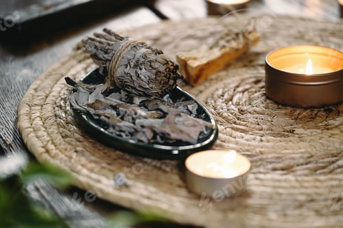 Preview: Woman hands burning white sage, before ritual on cadle