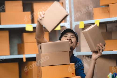 Preview: Starting small of online SME businesses owners man entrepreneurs working, box and check orders