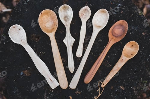 Preview: High angle close up of a selection of carved wooden spoons on chopping block.