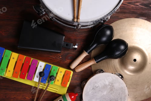 Preview: Different drums on a black background, percussion musical instruments