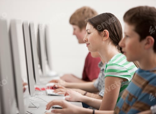 Preview: A group of young people, boys and girls, students in a computer class working at screens.