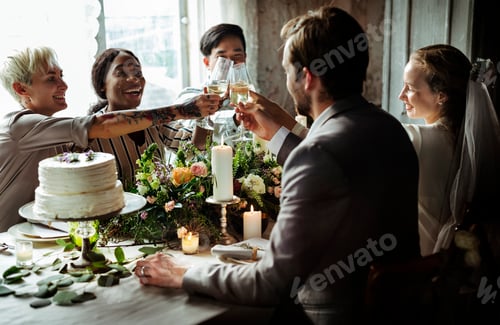 Preview: People Cling Wine Glasses on Wedding Reception with Bride and Gr