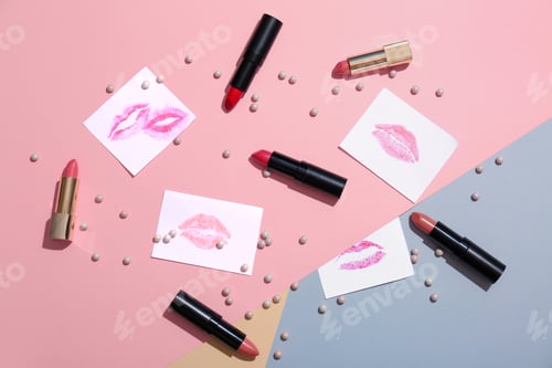 Preview: Flat lay composition with lipsticks on color background. Professional cosmetic products