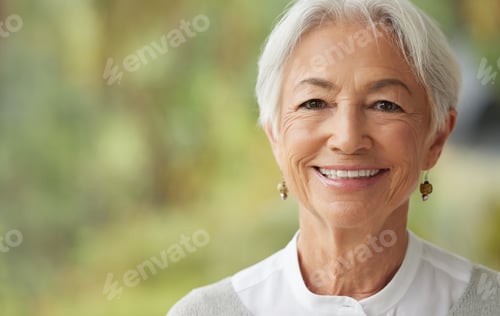 Preview: Portrait of an old woman smiling. Elderly female looking at the camera. Happy senior lady with grey