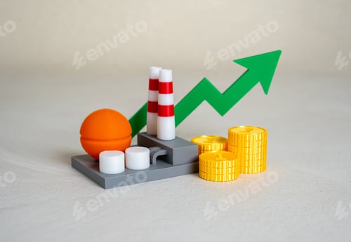 Preview: Industrial plant with stacks of money coins and green arrow pointing up. Chemical production income.