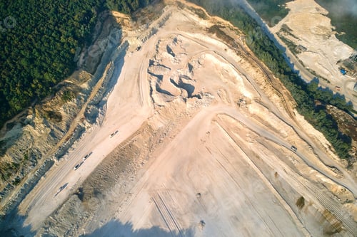 Preview: Aerial view of open pit mining of limestone materials for construction industry with excavators and
