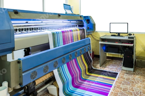 Preview: Large inkjet printer working multicolor cmyk on vinyl banner with computer control