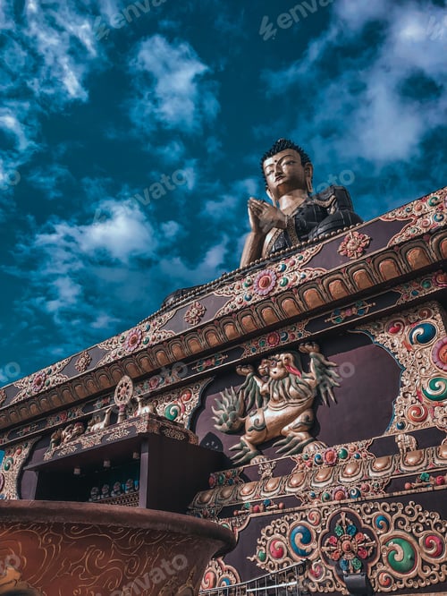 Preview: Low angle shot of the Buddha sculpture at the Buddha Park of Ravangla in Sikkim, India,