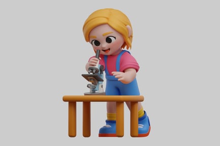 Visualização: Personagem de desenho animado de garota com microscópio