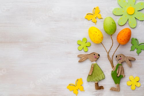 Preview: Spring and Easter decor. Wooden symbols bunny, flowers and butterflies.