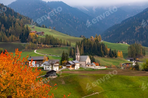 Preview: Santa Maddalena church, Dolomites mountains in magic autumn colors