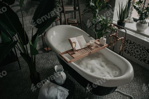 Preview: Luxury interior of eco style modern bathroom with oval bathtub and book on bamboo wood tray