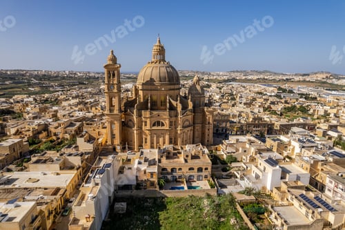 Preview: Aerial drone view of the Rotunda St. John Baptist Church in Xewkija, Gozo, Malta