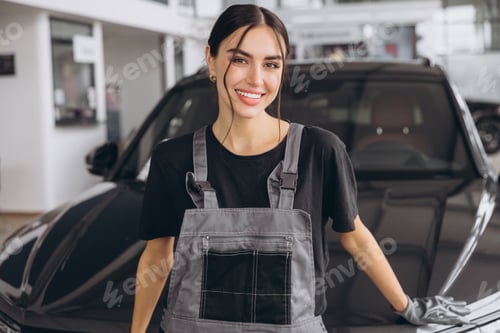 Preview: Portrait of young woman, professional female mechanic smiling at camera standing in auto repair shop