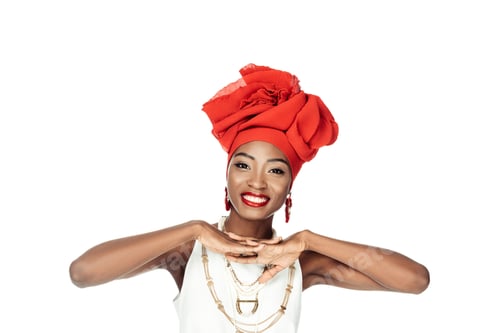 Preview: smiling african american woman in wire head wrap isolated on white