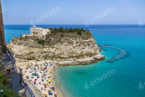 Preview: Aerial view of Tropea Beach and Santa Maria dell'Isola, Church - Tropea, Calabria, Italy