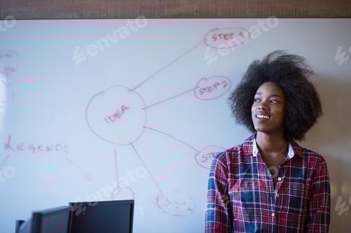 Preview: African American woman writing on a chalkboard in a modern offic