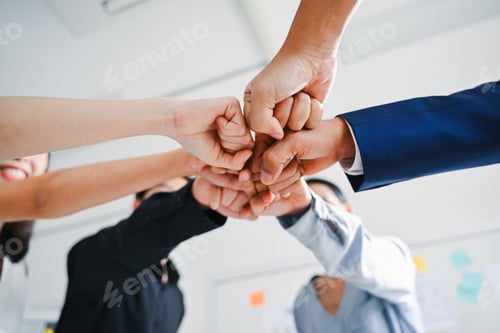 Preview: Professional group of business team stacking hands together with teamwork, Business people meeting