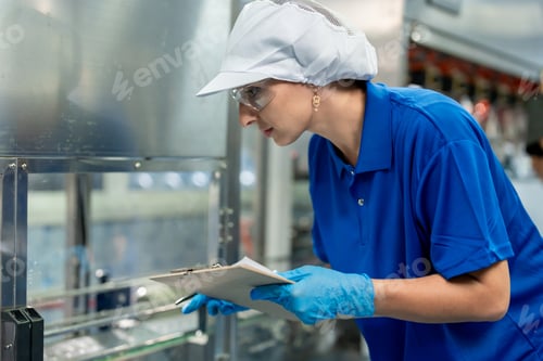 Preview: Caucasian female industry worker working alone in factory warehouse.