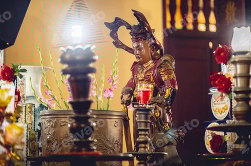 Preview: Buddha sculpture and decorations at an altar in a Buddhist Temple in Vietnam