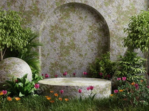 Preview: Concrete podium in tropical forest for product presentation and wall moss background