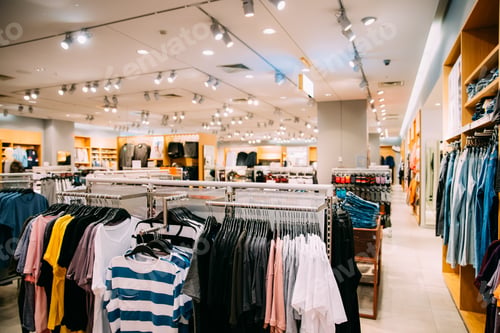 Preview: Colorful Bright Clothes On Shelves And Hanger In Store Of Shoppi