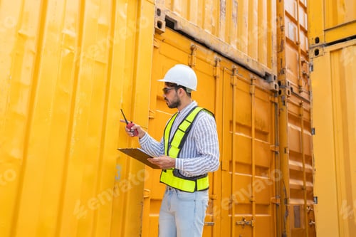 Preview: Container yard worker checking container at container yard warehouse.