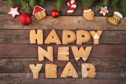 Preview: Happy New Year Gingerbread Cookies on Wooden Background