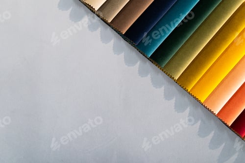 Preview: Catalog of multi-colored fabric samples. Textile industry background. Colored cotton fabric. Palet