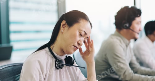 Preview: Telemarketing, business and woman in office, headache and stress with burnout, customer service and