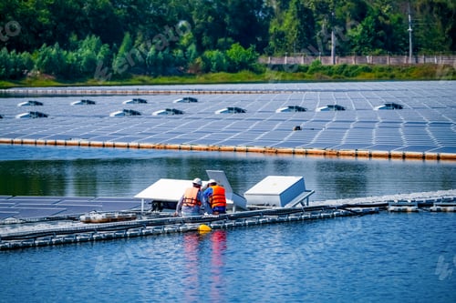 Preview: Local worker working at floating solar panels platform on the water of solar cell power plant.