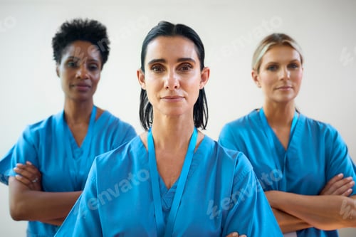 Preview: Portrait Of Mature Female Multi Cultural Medical Team Wearing Scrubs In Hospital