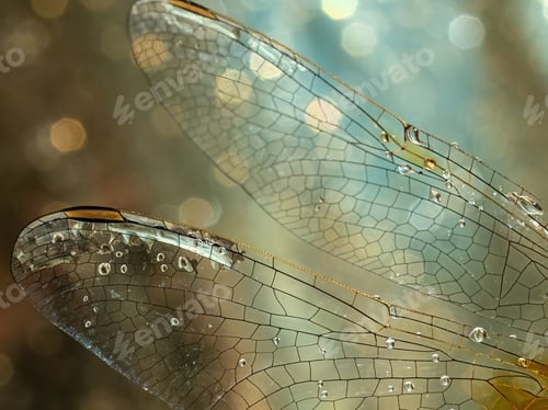 Preview: Natural background, texture. Dragonfly wing with water drops. Super macro.