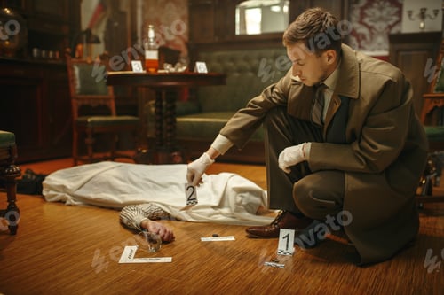Preview: Detective in gloves looking evidence, crime scene