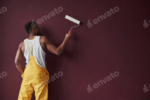 Preview: Nice velvet wall. Young african american worker in the yellow uniform have some job