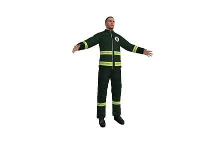 Preview: Firefighter in green uniform with reflective stripes and emblem