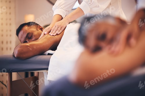 Preview: Massage, relax and stress relief with a couple in a spa, lying on a table or bed for luxury and wel