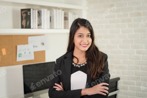 Preview: Portrait of business woman in formal outfit working with smile and confidence in modern workplace.